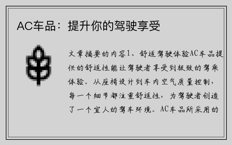 AC车品：提升你的驾驶享受